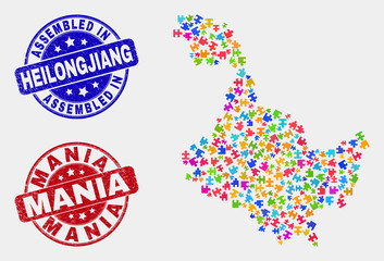 Bundle Heilongjiang Province map and blue Assembled stamp, and Mania scratched seal. Colorful vector Heilongjiang Province map mosaic of bundle components. Red round Mania stamp.