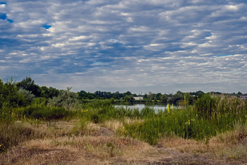 Fototapeta na wymiar Pond under a cloudy sky
