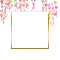 Fototapeta na wymiar pink and purple wisteria frame, branches and flowers, watercolor illustration.