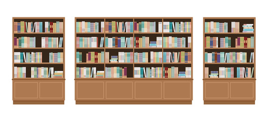 Three bookcases full of books. Isolated on white background. Education library and bookstore concept.  Vector illustration.