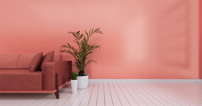 Modern living room interior with sofa and on living coral color of the Year 2019,3d rendering