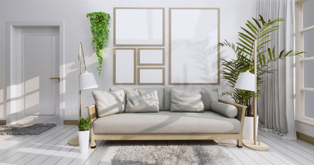 Interior poster mock up with frame, sofa, plant and lamp in living room zen style. 3D rendering.