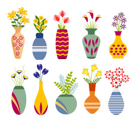 Colourful Flowers and plants in Vases. Vector Illustration.