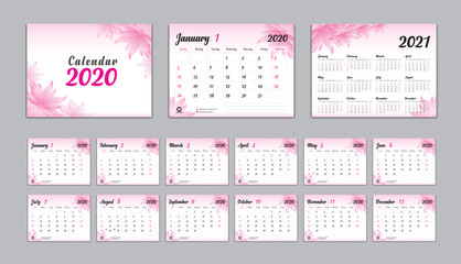 Set Desk Calendar 2020 Vector, Calendar 2021 Design, Week Start On Sunday, Planner, Stationery, Printing, advertisement, flower concept