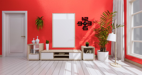 Mock up zen modern room on wooden living coral color wall background,3d rendering