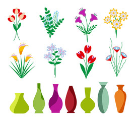 Colourful Flowers and plants in Vases. Vector Illustration.