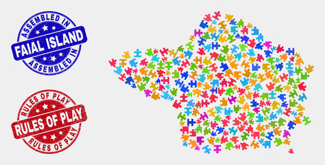 Module Faial Island map and blue Assembled watermark, and Rules of Play grunge seal stamp. Colorful vector Faial Island map mosaic of bundle components. Red rounded Rules of Play seal.