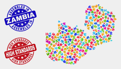 Bundle Zambia map and blue Assembled seal stamp, and High Standards grunge stamp. Colorful vector Zambia map mosaic of bundle. Red rounded High Standards stamp.