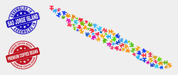 Constructor Sao Jorge Island map and blue Assembled seal stamp, and Premium Coffee Beans distress seal stamp. Colorful vector Sao Jorge Island map mosaic of plugin items.