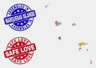 Module Marquesas Islands map and blue Assembled seal stamp, and Safe Love scratched seal stamp. Colorful vector Marquesas Islands map mosaic of puzzle. Red round Safe Love seal.