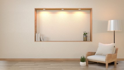zen living room empty white wall background with decoration japan style design down lights on shelf wall. 3d rendering