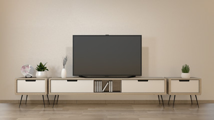 Smart Tv Mockup on zen living room with decoraion minimal style. 3d rendering