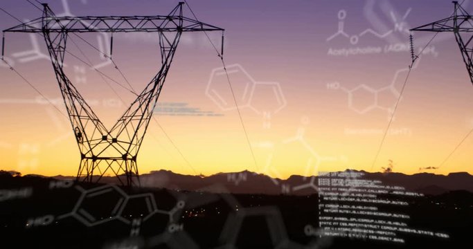 Chemical structures with program codes and a background of transmission towers