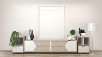 Mock up cabinet in zen living room on white wall background,3d rendering