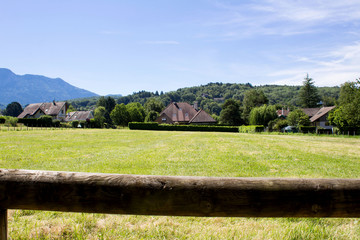 Fototapeta na wymiar Beautiful view of the meadow or field and village houses on a sunny day.Menthon-Saint-Bernard.France.