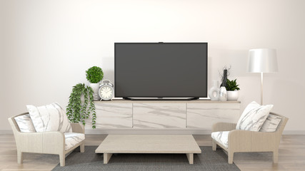 Smart Tv Mockup on zen living room with decoraion minimal style. 3d rendering