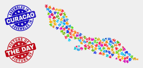 Assemble Curacao Island map and blue Assembled stamp, and Picture of the Day distress stamp. Colorful vector Curacao Island map mosaic of plugin modules. Red round Picture of the Day stamp.