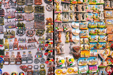 Fototapeta na wymiar Magnets souvenirs from Brussels on a showcase