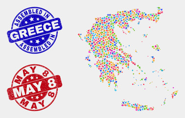 Puzzle Greece map and blue Assembled stamp, and May 8 grunge stamp. Colorful vector Greece map mosaic of puzzle units. Red rounded May 8 badge.