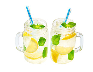 Lemonade isolated. Healthy and detox water drink on a white background.Top view.