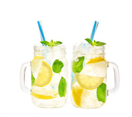 Lemonade, cold refreshing drink . Healthy and detox water drink isolated on a white background.