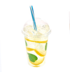 Lemonade isolated. Healthy and detox water drink on a white background.Top view.