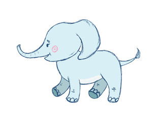 Hand drawn  illustration of  cute little walking elephant isolated at white background. Adorable baby  animal  cartoon character. 
