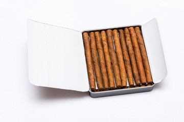 Box of cigarillos on white background