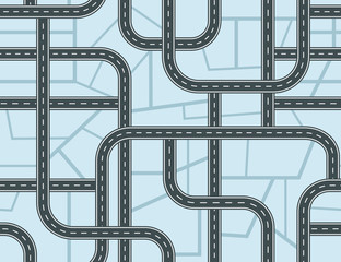 Highways seamless pattern. A lot of roads with crossroads and junctions on blue map background. Top view. Vector illustration