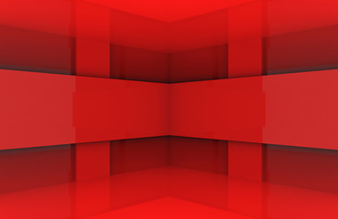 3d rendering. modern design red panel box corner wall background.