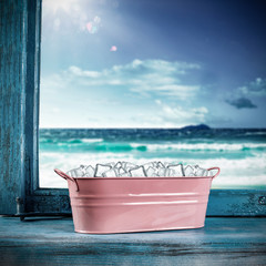 Wooden blue retro window sill and free space for your decoration. Summer time and sea landscape 