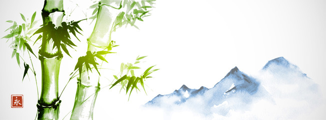 Green bamboo and far blue mountains on white background.Traditional Japanese ink wash painting sumi-e. Hieroglyph - eternity.