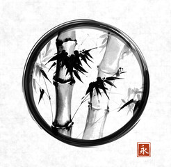 Bamboo in black enso zen circle on white background. Traditional Japanese ink wash painting sumi-e. Sign - eternity.