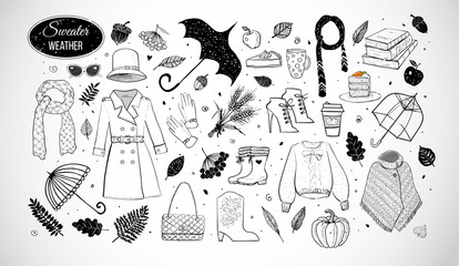 Obraz premium Collection of autumn style doodles. Fashion illustration of autumn outfit