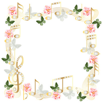 Beautiful background musical with flowers and butterflies.Vector illustration.