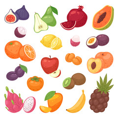 Fruits fruity apple banana and exotic papaya with fresh slices of tropical dragonfruit or juicy orange illustration fruitful set isolated on white background