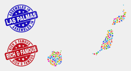 Component Las Palmas Province map and blue Assembled seal stamp, and Rich & Famous grunge seal stamp. Colorful vector Las Palmas Province map mosaic of puzzle elements.