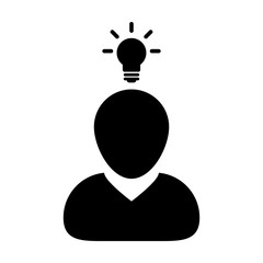 Light icon vector male person profile avatar symbol with bulb for creative idea for business development in Glyph Pictogram illustration