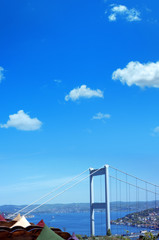 Cityscape image of Istanbul Bosphorus view with Bosphorus bridge over blue sky in Turkey
