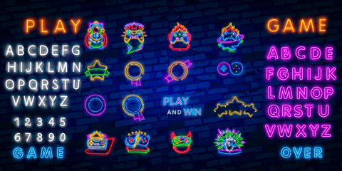 Big set neon sing. Game room label and logo. Gamer banner, logo, emblem and label. Bright signboard, light banner. Game logo. Vector illustration