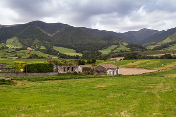 Fields and a mountain, Sao Miguel, Azores Islands