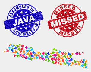 Component Java Island map and blue Assembled seal stamp, and Missed grunge stamp. Colorful vector Java Island map mosaic of puzzle units. Red round Missed stamp.