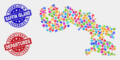 Assemble Baffin Island map and blue Assembled seal stamp, and Departures distress seal stamp. Colored vector Baffin Island map mosaic of plug-in units. Red round Departures imprint.