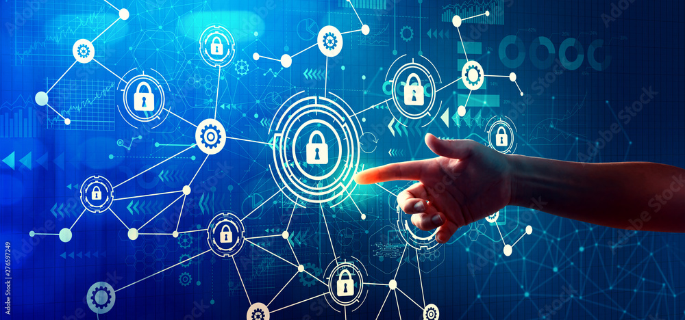 Aufkleber cyber security theme with hand pressing a button on a technology screen