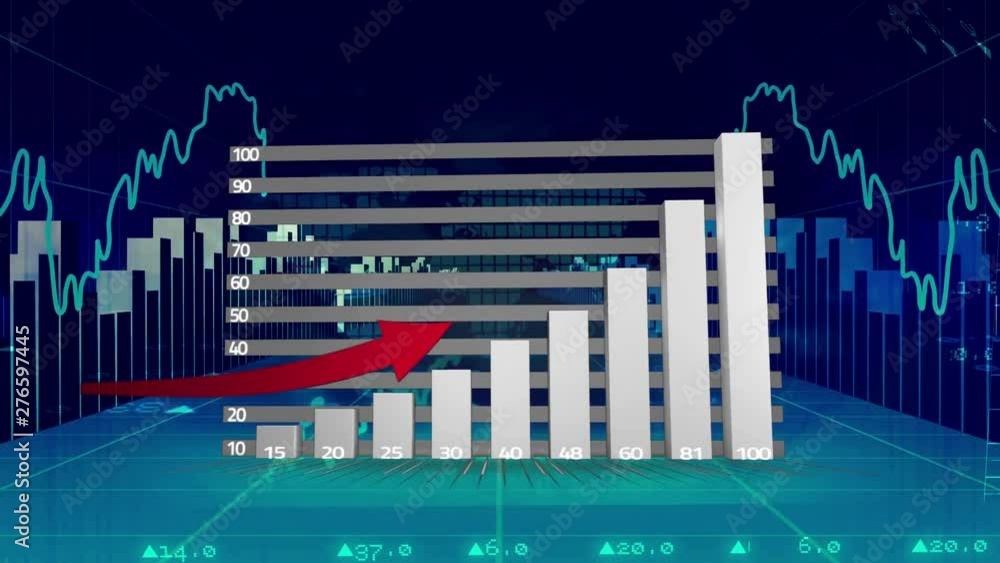 Poster bar graph and red arrow showing growth while charts and statistics move behind on dark blue