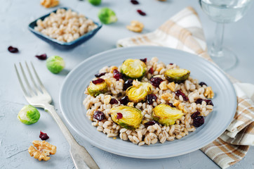 Roasted Brussels sprouts dried cranberries walnuts barley salad