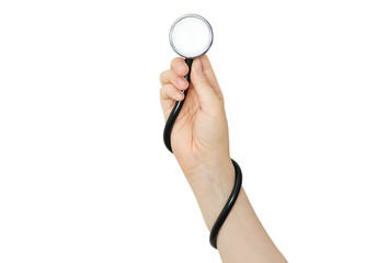 Hand holding a stethoscope isolated on white background