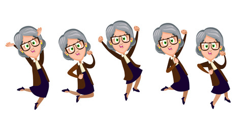 Set with smiling aged woman jumping for joy, running, skipping. Senior spectacled lady in knitted jacket and skirt hearing good news. Cartoon vector clipart isolated on white background.