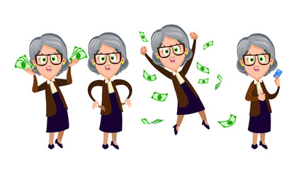 Cartoon vector set related with financial circumstances of elderly women. Smiling granny keeping much money or plastic card in hands, turning out empty pockets, jumping for joy among banknotes.