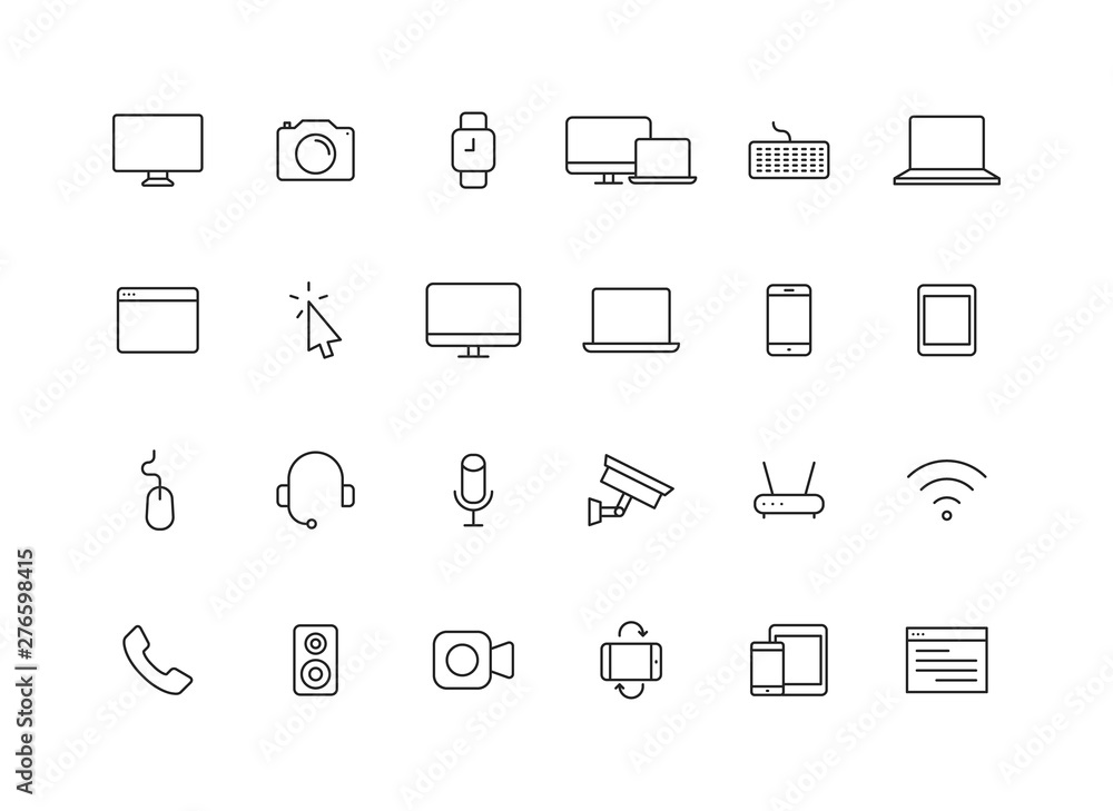 Poster set of 24 device and technology web icons in line style. computer monitor, smartphone, tablet and la